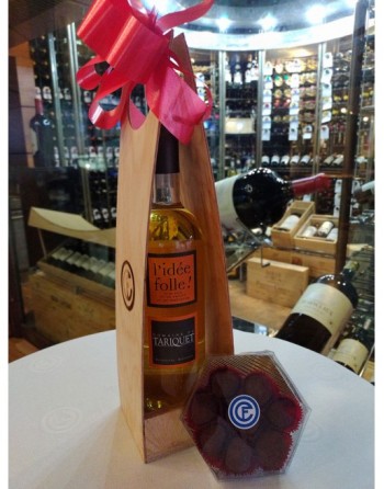 Vino dulce (Vin de Liqueur) de Armagnac "L'idée Folle" (Domaine du Tariquet) 750ml, Trufas de chocolate (8 piezas), caja de made